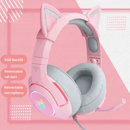 ヘッドセットk9ピンクのかわいい猫耳ヘッドフォンマイクゲームヘッドセットとノイズキャンセルを備えたLEDライトT220916