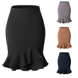 Kjolar kvinnor koreansk blyerts kjol 2022 mode elegant hög midja ruffle svart kontor damer sexig plus size grå jupe