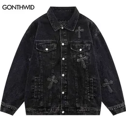 Herrenjacken Hip Hop Denim Bomberjacke Streetwear Vintage Stickerei Brief Jean Mantel 2022 Harajuku Casual Baumwolle Distressed Wash Jacken T220914