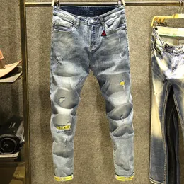 Herrenjeans Herrenmode Marke Helle Herren-Jeans im koreanischen Stil Beggar Ripped Patch Slim Fit Skinny Pants Thin Stretch Casual