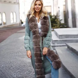 Women's Fur Autumn And Winter Long Thick Warm Coat X-Long Real Overcoat Female Natural Collar Knitted Sweater Cardigan Belt