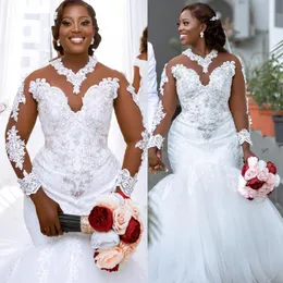 2022 Arabic Aso Ebi Lace Mermaid Wedding Dresses Crystals Sheer Neck Vintage Sexy Bridal Gowns Dress ZJ607
