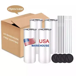 US STOCK 25pc/Carton Stainless Steel Insulated Tumblers 20oz Straight Blank white cup with lid straw coffee Sublimation Mugs FY4275