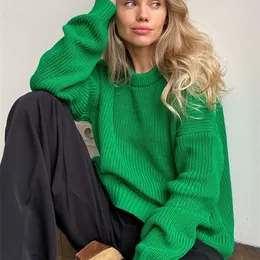 Women's Sweaters Green Knitted Women Sweater Pullover Autumn Elegant Casual Oneck Long Sleeve Female Tops Winter Loose Ladies Sweaters 220920