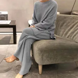 Kvinnor S Sleepwear Lady Home Suit Autumn Fashion Sopa Casual O Neck Pullover Tops Sticked Pant Homewear Pyjama Winter Solid Women Two Piece Set 220920