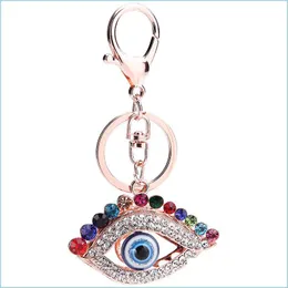 Nyckelringar Rhinestone Evil Eye Keyring Turkish Blue Eyes Charm Bag Pendant Key Ring Holder Fashion Personality Metal Alloy Chains For DHRSB