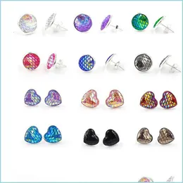 Stud 12Mm Mermaid Resin Fish Scale Stud Earring Fishscale Earrings Round Heart Shaped Sier Plated C3 Drop Delivery 2021 Jewelry Dhse Dhtgz