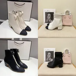 2024 mary jane Popular Trendy Women Short Booties Dress Ankle Boot Heels designer Ch Boots Luxury nel pearl bow tie chunky Heel Womens Pumps Suede Ankles Boots