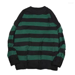 Herrtröjor Herrens svarta rand förstörde rippade tröja Kvinnor Pullover Hole Knit Jumpers Overdimensionerade tröja Harajuku långärmad