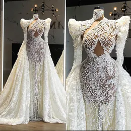 Wunderschöne Meerjungfrau-Hochzeitskleider, Brautkleid, lange Ärmel, Perlen, Überrock, hoher Ausschnitt, Spitze, Illusion, Übergröße, Sweep-Zug, nach Maß, Strand, Strand, Land, VestidoS