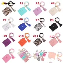 PU Leather Bracelet Wallet Keychain Party Favor Tassels Bangle Holder Card Bag Silicone Beaded Wristlet Handbag FY3399