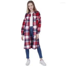 Kvinnorjackor Kvinnkläder Hösten och vintern LAPEL SIDE SLIT SLIM KVINL LÅNG PLAID SHIRTS Ullärmar Rockar Fodekläder