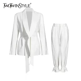 Zweiteilige Hosen für Frauen TWOTWINSTYLE Einfarbig Koreanische Set Frauen Blazer Hohe Taille Gürtel Spitze-up Gerade Anzüge Weibliche Mode 220919