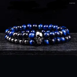 Charm-Armbänder ATTYIRENA Skelett-Armband 2 Stück/Set 6 mm blauer natürlicher Tigerauge-Perlenstein Elastizitätsseil Männer Frauen