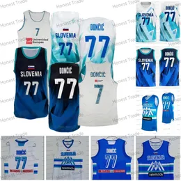 77 Doncic Slovenya Basketbol Takımı Forması Beyaz Blue Unicersidad Europea Mens Basketbol Formaları