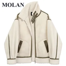 Damenjacken MOLAN Warm Lose Frau Mantel Leder Patchwork Streetwear Lämmer Wolle Tutleneck Reißverschluss Koreanische Mode Jacke Top Weibliche Outwear 220919