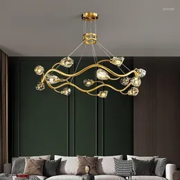 Candeliers pós -modernos de cobre lustre de luxo sala de jantar luminária redonda luminária pendurada g9 lâmpada de arte criativa do quarto de cristal