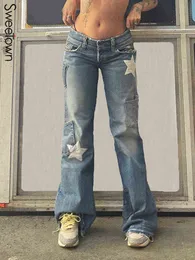 Женские брюки Capris sweetown с низкой талией джинсовые штаны Y2K Star Patches винтажные гранж расклешенные джинсы Женщина разорванные вышиты