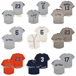 Glavintage 디트로이트 야구 유니폼 23 Kirk Gibson 6 Al Kaline 3 Alan Trammell 13 Lance Parrish Denny McClain Retro 후퇴 저지 크기