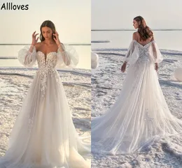 Romântico Tule A Linha Vestidos de Noiva Boho Praia Off Ofim Com mangas longas destacáveis ​​vestidos de noiva PLUS TAMANHO APLICAÇÃO Rúsulas de trem de varredura de Mariee Cl1168