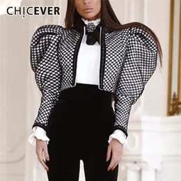 Damenjacken CHICEVER Plaid Mäntel für Frauen Schmetterling Kragen Puff Langarm Rüschen Kurze Streetwear Weibliche Herbst Kleidung 220919