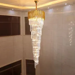 Lustres de lustres modernos lustres longos cristalos de luxo villa duplex piso médio sala de estar led de ouro