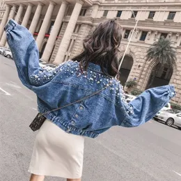 Damenjacken Perlen Jean Denim Kurz für Frauen Lose Chaqueta Mujer Büromantel Herbst Blume Weibliche Chaquetas Übergroße Oberbekleidung 220919