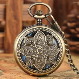 Pocket Watches Bronze Lotus Flower Manual Mechanical Watch Blue Roman Numerals Display Hand Winding Pendant Clock Retro Gifts