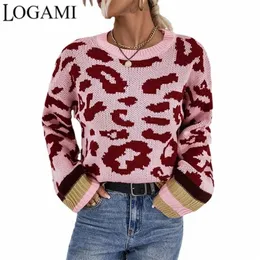 Womens Sweaters LOGAMI Autumn Winter Round Neck Pullover Female Sweater Contrast Color Leopard Knit Sweater 220920