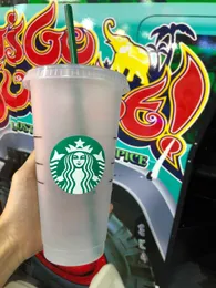Starbucks 24oz/710ml Tumbler de pl￡stico reutiliz￡vel bebida clara bebida de baixo para o pilar de pilar de pilar de pilar de pilar de pilar Bardian DHL UV Impress￣o