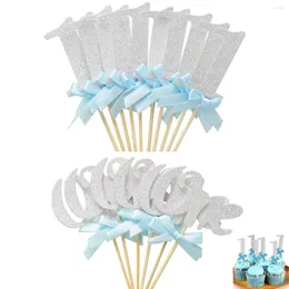 Party Decoration 16pcs First Happy Birthday Glitter Paper 1 Cupcake Toppers My 1st Decorations Kids One Year Old Baby Boy Girl Supplies