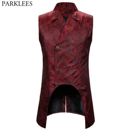 Men's Vests Wine Red Paisley Jacquard Long Men Double Breasted Lapel Brocade Waistcoat Mens Gothic Steampunk Sleeveless Tailcoat 220920