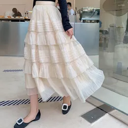 스커트 Qiukichonson Gauze Midi Long Womens Layed Skirt 2022 Lolita Spring Summer High High Wared Ruched Ruffle Rok