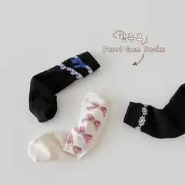 Socks Autumn 3 paraSlot Dziewczyna Dziewczyna Pearl Klejnot prosta dziecko Słodka Bownot Print Mid Boy Bawełna 220919