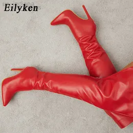Stiefel Eyken neuer spitze Zeh über das Knie für Frauen Mode Runway Winter High Heels Oberschenkel sexy rote Schuhe L220916