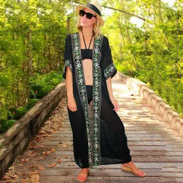 Women's Swimwear Women's 2022 Elegant Embroidered Half Sleeve Long Kimono Dress Plus Size Women Clothing Retro Summer Beach Wear Swim