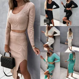 Sonbahar Kış Giysileri Kadınların Takipleri İki Parça Elbise 2022 Kadınların Düz Renkli Konu Uzun Kollu Moda Seksi Bölünmüş Uzun Etek 2 Parça Set