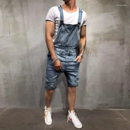 Mäns jeans Herr Suspender denim Jumpsuit Fashionabla hål Shorts Overalls Knäslängd Bibs Lastbyxor