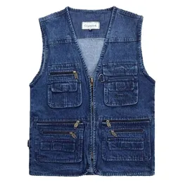 Mäns västar Big Size V-ringning Klassisk multi denim arbete Mens Solid Casual Waistcoat med många fickor Fiske ärmlös jacka 220920