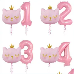 Украшение вечеринки 2pcs/set Big Cat Head Head Алюминиевые воздушные шарики 32 дюйма розового 1 2 3 4 года Дня рождения Balloon Baby Showos Globos Drop Bdesports dhpoq