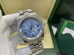 Original Box Certificate 18K Gold President Male Watches Day Date Diamonds Blue Dial Watch Män rostfri Diamond Bezel Automatisk armbandsur 23213