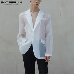 남자 양복 블레이저 패션 메쉬 투명한 옷깃 긴 슬리브 섹시한 캐주얼 코트 한 버튼 스트리트웨어 파티 정장 S-5XL incerun 220920