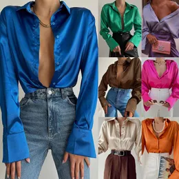 Satin Long Sleeve Blouses Women Tops 2022 Vintage Blue Green Silk Shirt Casual Loose Button Up Female Shirts Fashion Tops