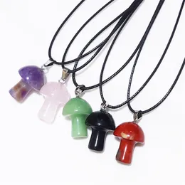 Carved Gemstones Mini Mushroom Pendant Charms Black Rope Chain Women Healing Crystals Figurine Necklace Jewelry