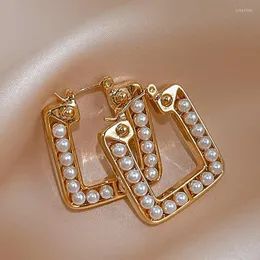 Hoop Earrings SRCOI Fashion Faux Pearl Square Trendy Women's Geometric Golden Unusual Temperament Jewelry 2022