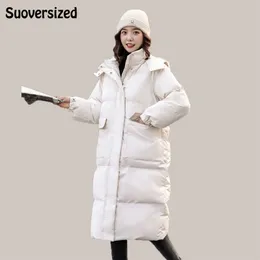 Womens Down Parkas Loose Hooded Thicken Long Parkas Streetwear Cotton Padded Warm Windproof Winter Coat White Snow Wear Women Jacket Outwear 220921