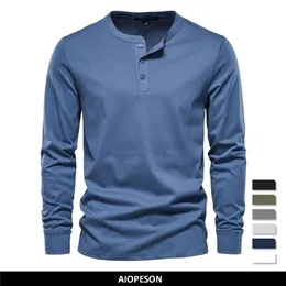 Herrt-shirts aiopeson Henley krage avslappnad fast färg lång ärm för hösthögkvalitet 100% bomull s 220920