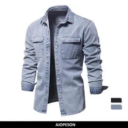 Camicie casual da uomo AIOPESON 100% cotone denim tinta unita manica lunga spessa per jeans primaverili di alta qualità uomo 220920