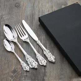 Zestawy naczyń obiadowych 4PC/Set Retro Creative Silverware Rose Expossed Silver Splated Dinnerspoon Steak Nóż Fork Prezenty świąteczne