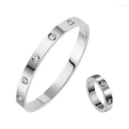 Bangle Luxury And Ring Set For Women Stainless Steel 6mm Bracelet On Hand Women's Fashion Jewelry Designer Gift